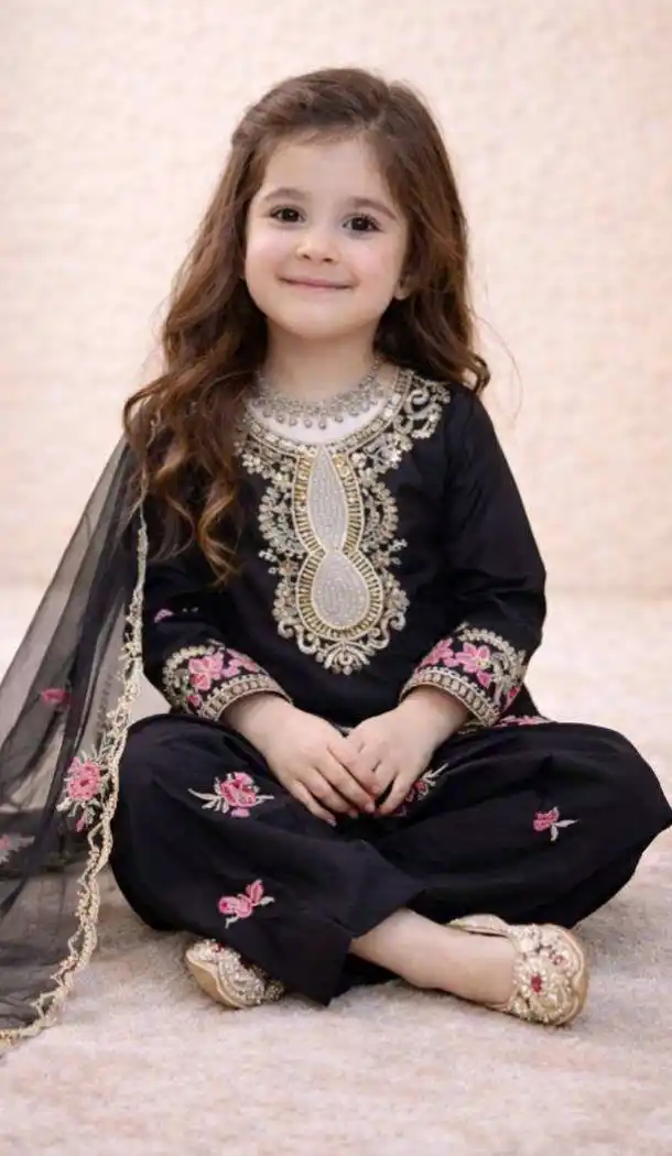 Elegant Black Pure Crepe Kids Girls Salwar Suit - 219532