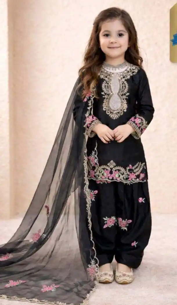 Elegant Black Pure Crepe Kids Girls Salwar Suit - 219532
