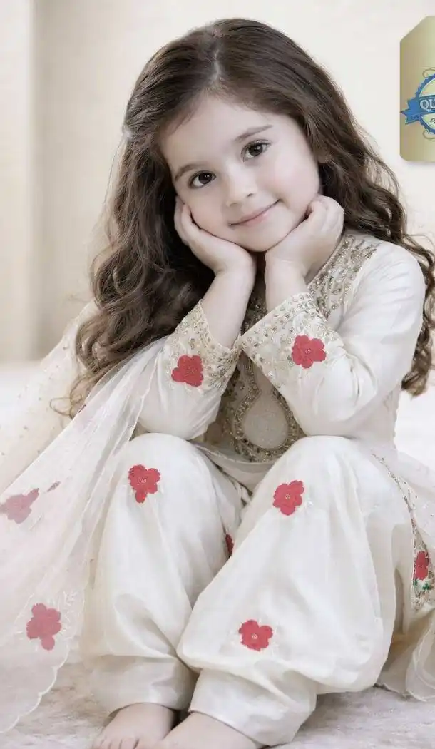 Off White Pure Crepe Embroidery Work Kids Girls Suit - 219533