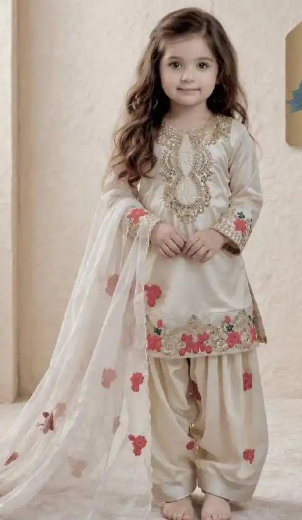 Off White Pure Crepe Embroidery Work Kids Girls Suit - 219533