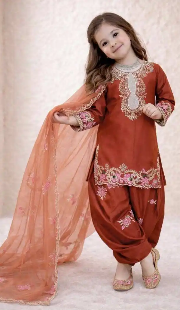 Orange Pure Crepe Festive Kids Girls Salwar Suit - 219534