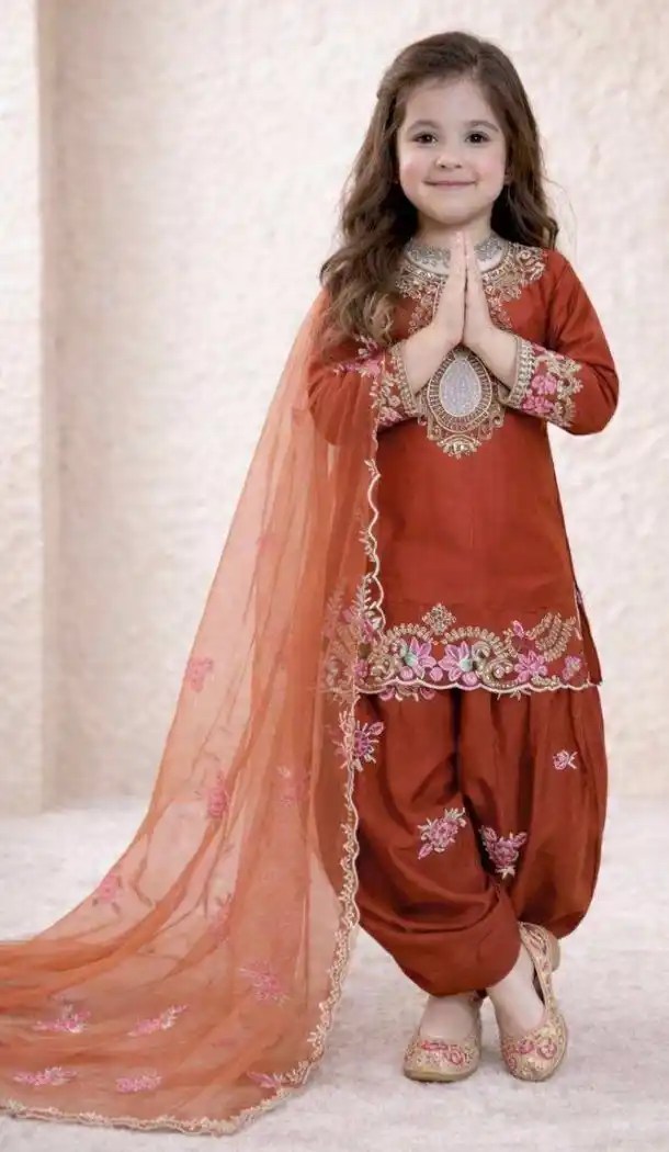 Orange Pure Crepe Festive Kids Girls Salwar Suit - 219534