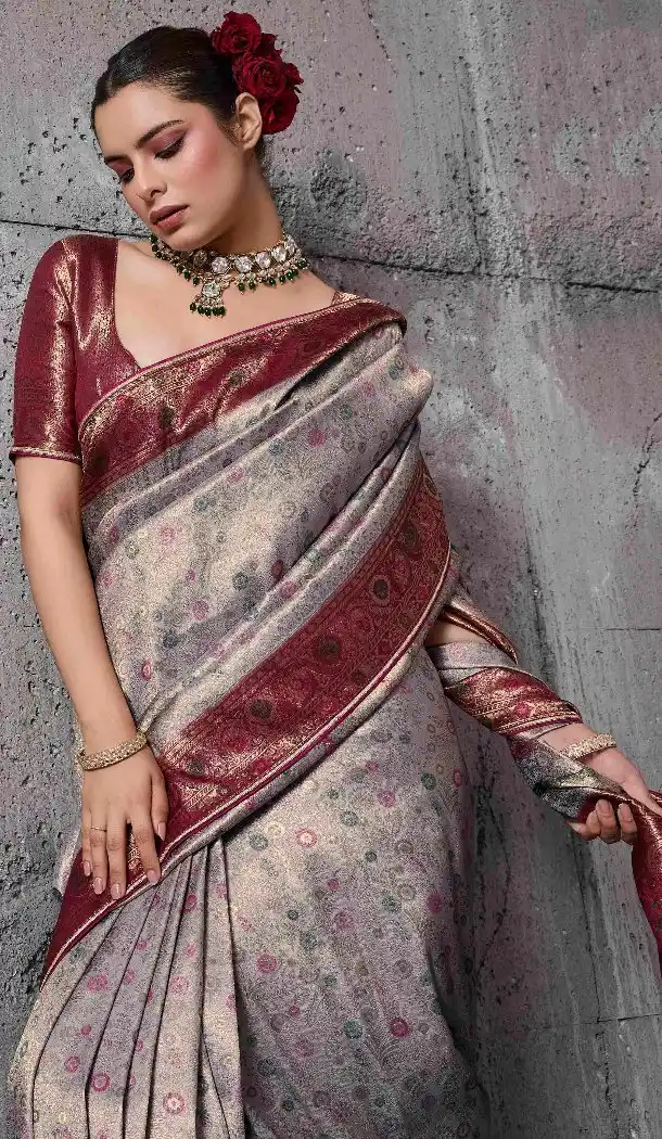 Elegant Grey Kanjivaram Silk Meenakari  Traditional Wear Saree - 219561