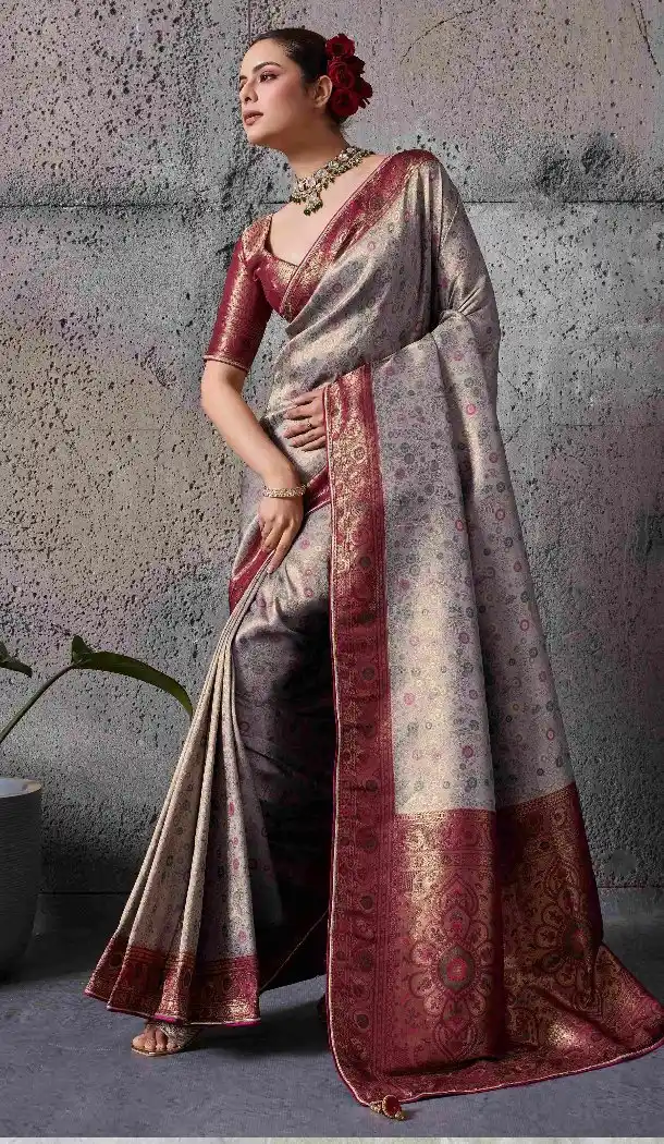 Elegant Grey Kanjivaram Silk Meenakari  Traditional Wear Saree - 219561