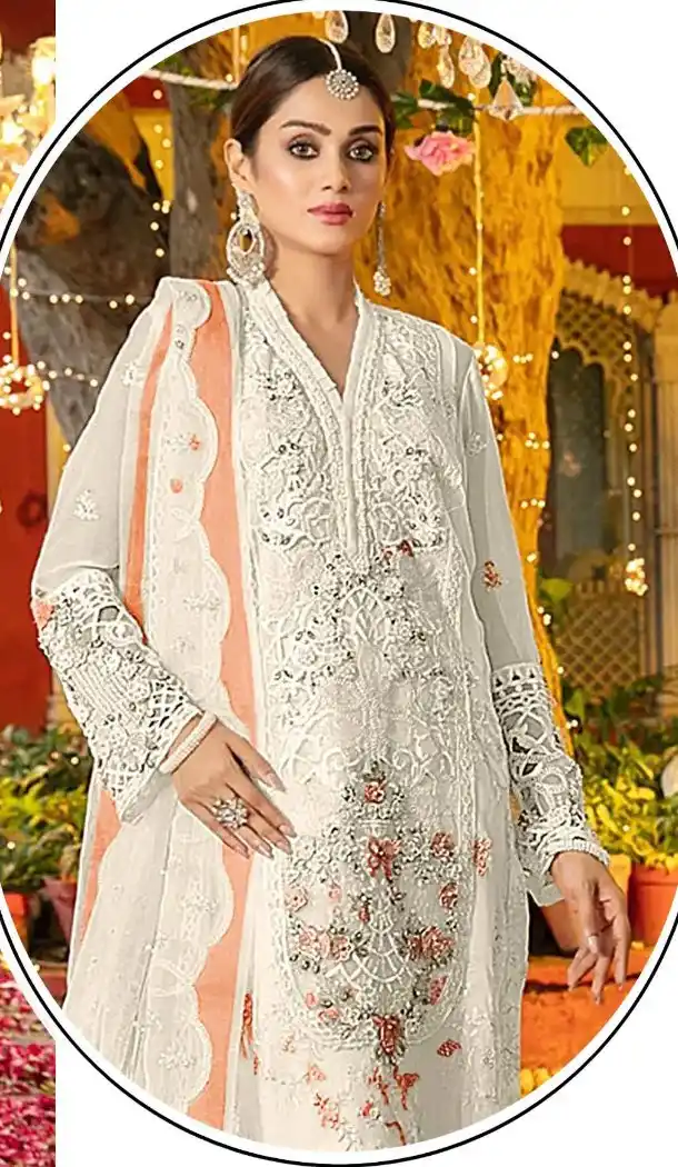 White Orange Chiffon Embroidery Zari Work Pakistani Suit - 219576