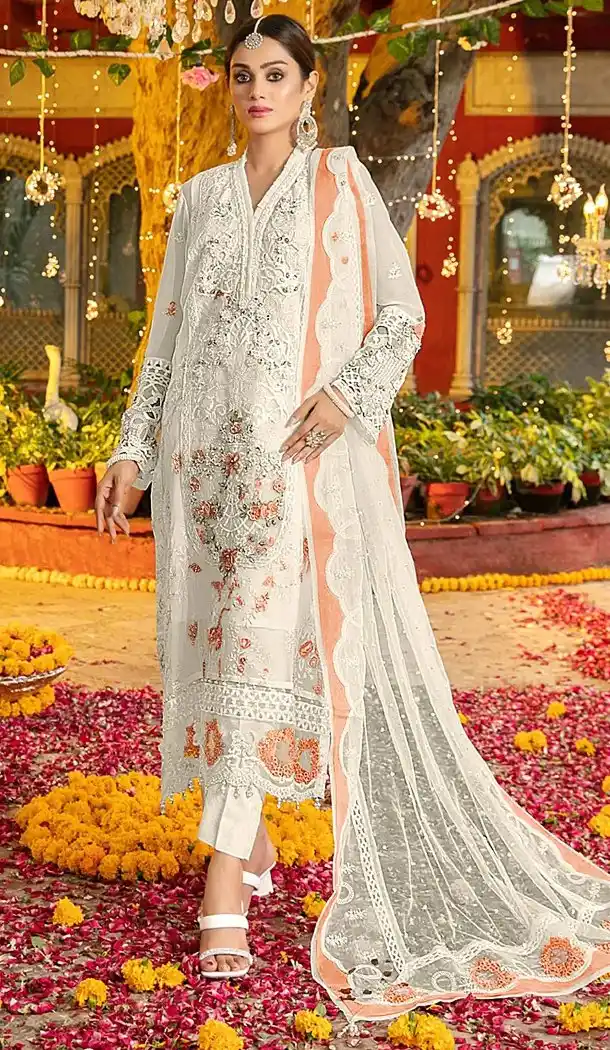 White Orange Chiffon Embroidery Zari Work Pakistani Suit - 219576