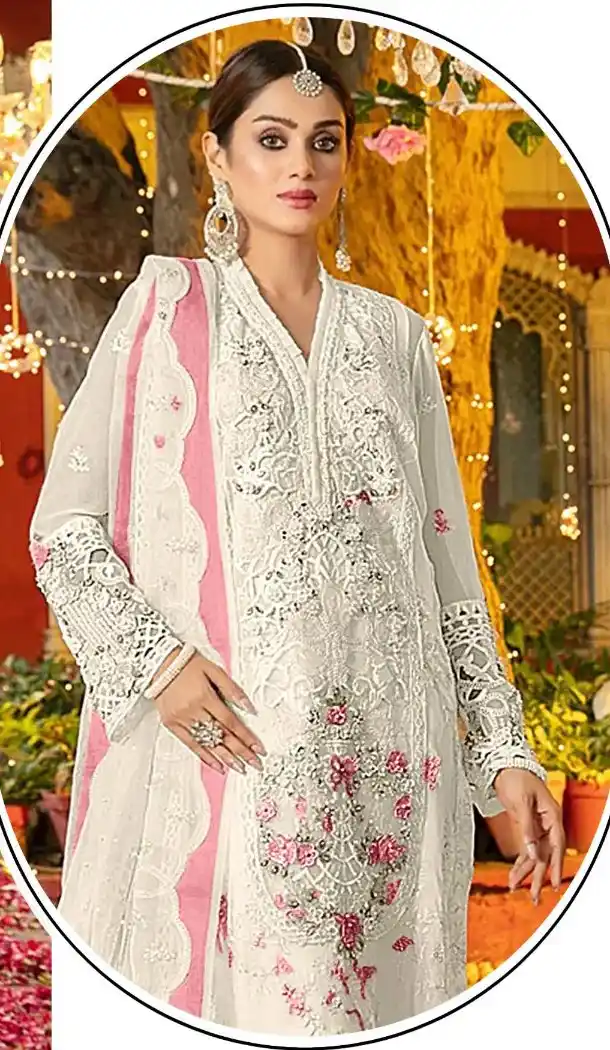 White Pink Chiffon Zari Work Pakistani Suit - 219577