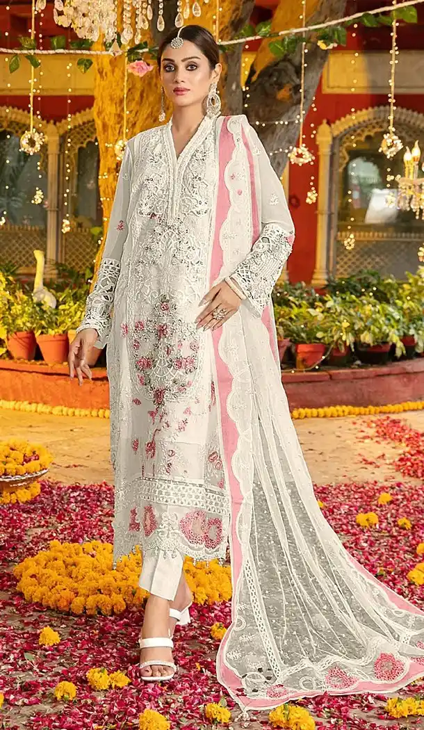 White Pink Chiffon Zari Work Pakistani Suit - 219577