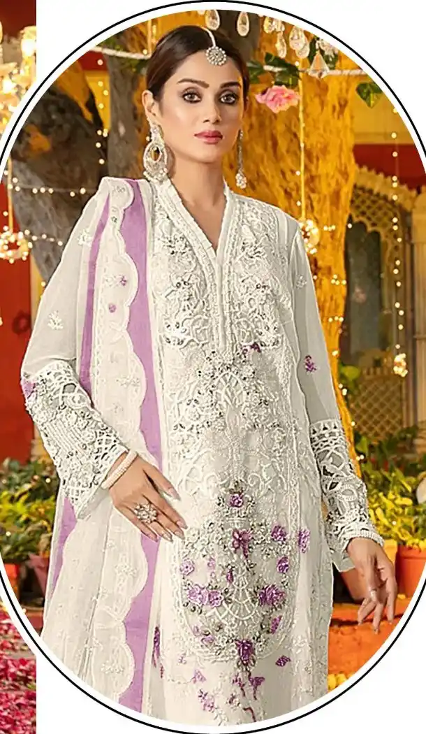 White Purple Chiffon Embroidery Work Suit - 219578