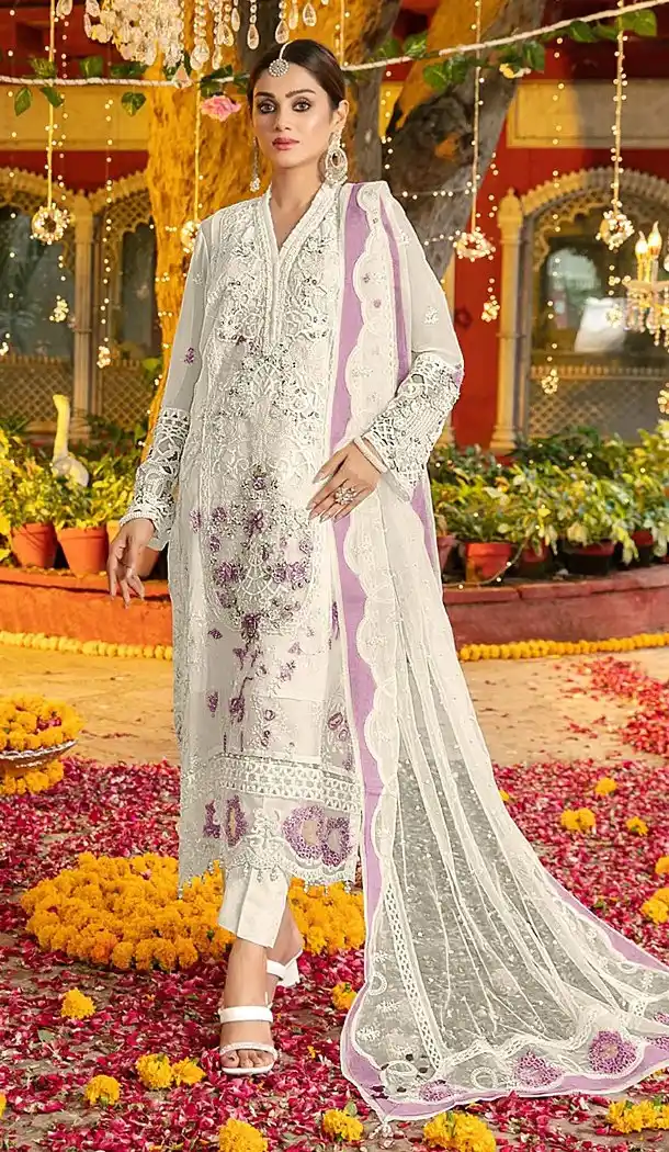 White Purple Chiffon Embroidery Work Suit - 219578