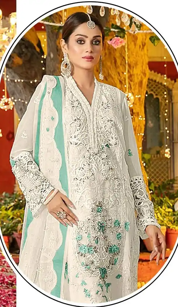 White Sky Blue Chiffon Zari Work Pakistani Suit - 219579