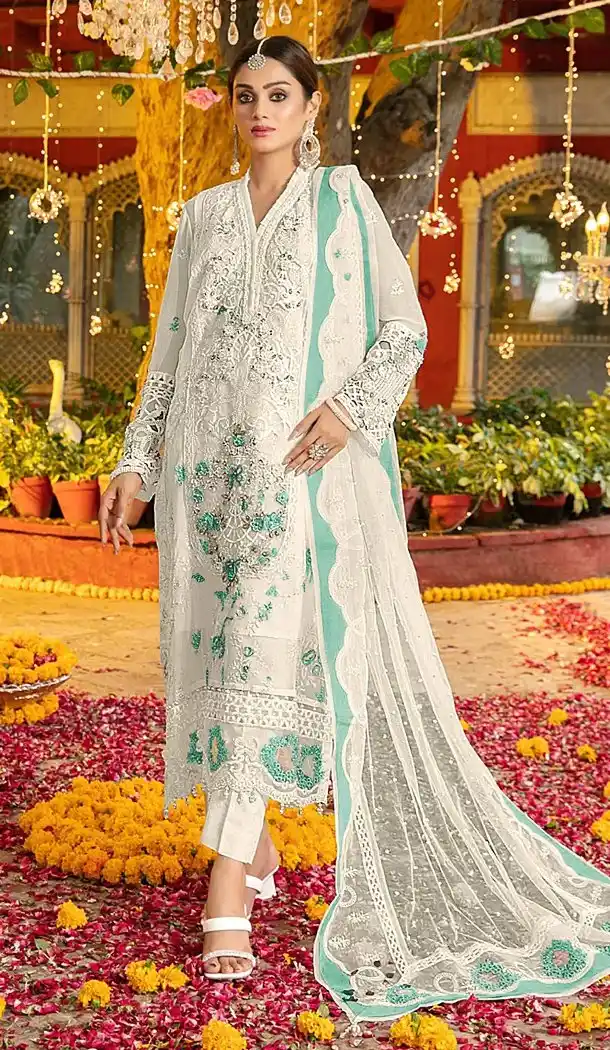 White Sky Blue Chiffon Zari Work Pakistani Suit - 219579