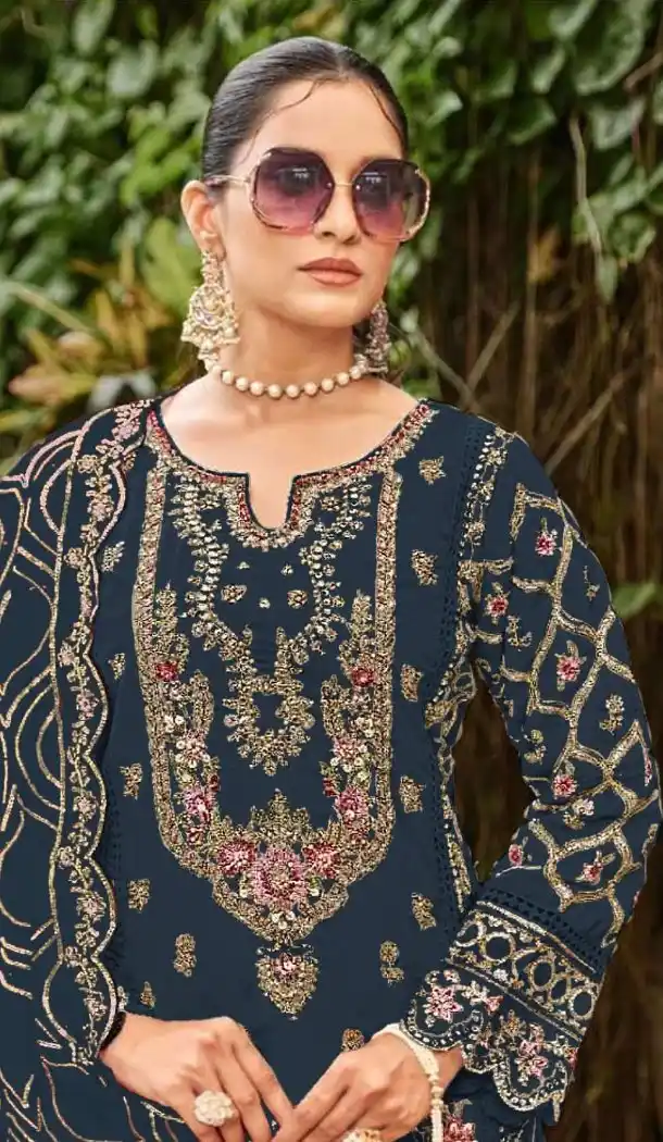 Navy Blue Embroidery Sequence Work Suit - 219582