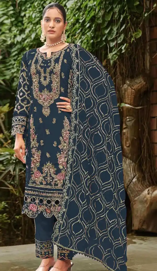 Navy Blue Embroidery Sequence Work Suit - 219582