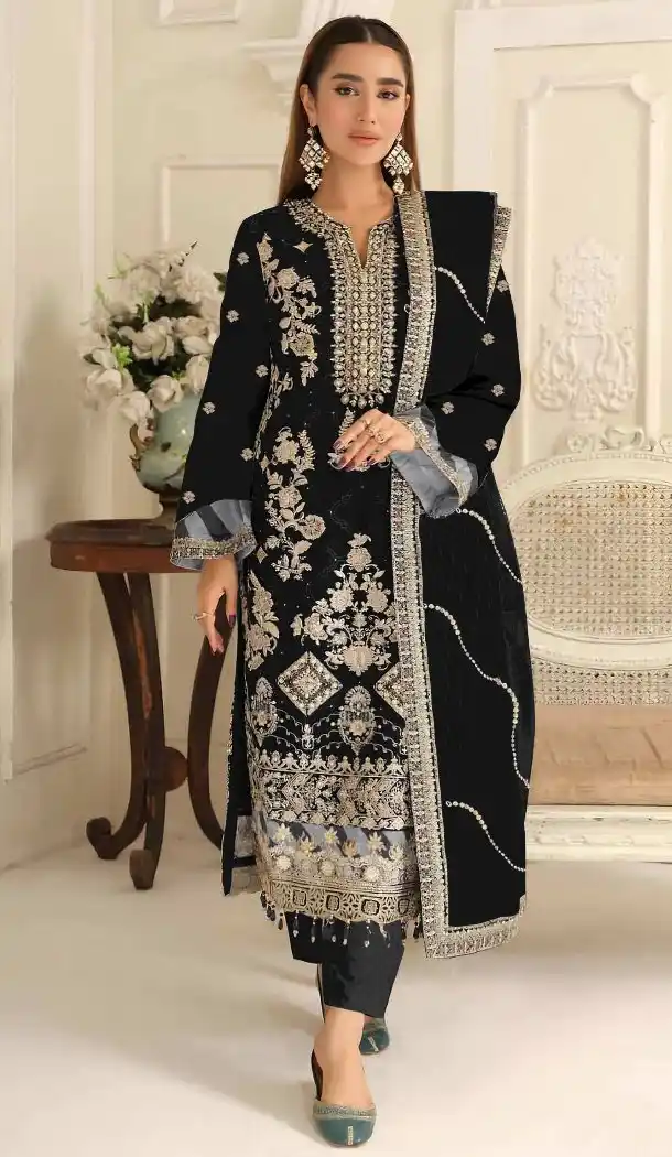 Elegant Black Sequence Work Silk Pakistani Suit - 219584