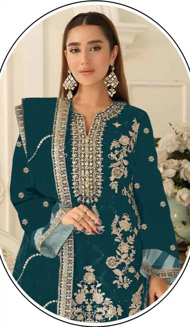 Teal Silk Zari Work Party Wear Suit - 219586