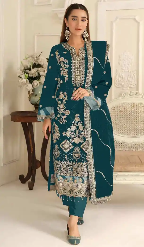 Teal Silk Zari Work Party Wear Suit - 219586