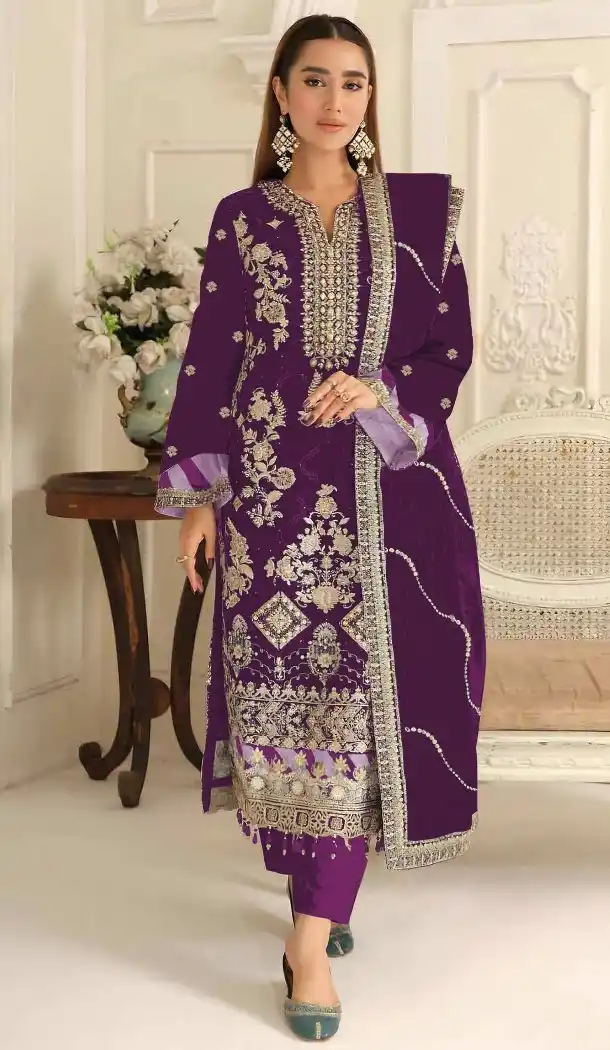 Purple Silk Embroidery Pakistani Suit - 219587