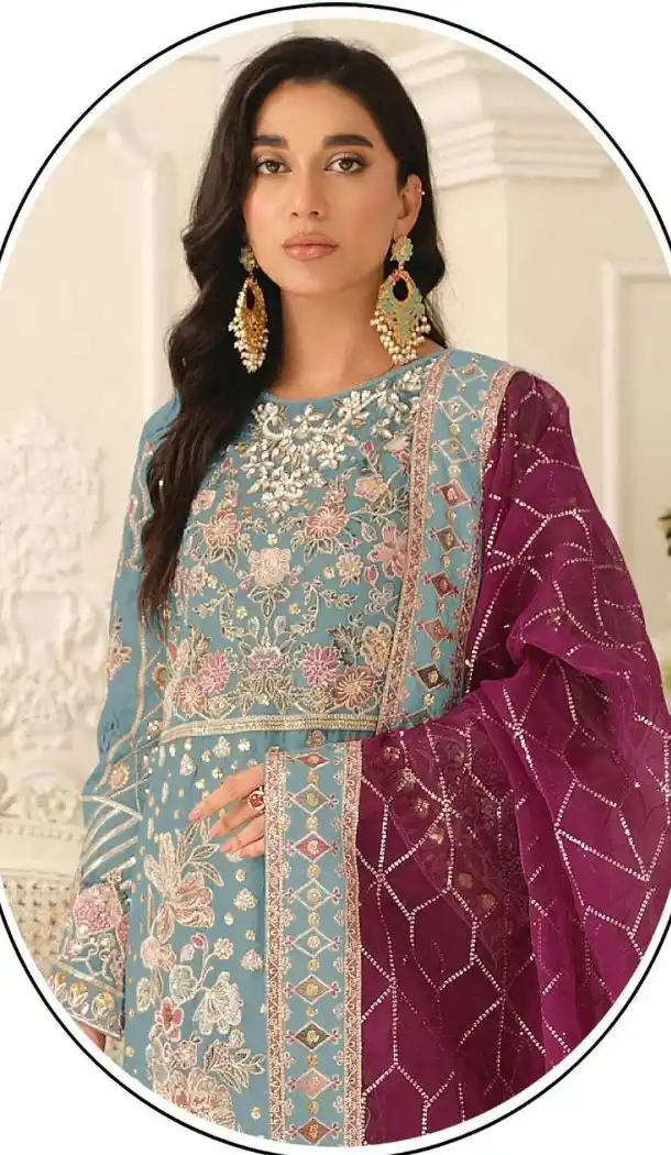 Sky Blue Chiffon Designer Pakistani Suit - 219590