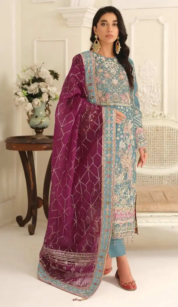 Sky Blue Chiffon Designer Pakistani Suit - 219590