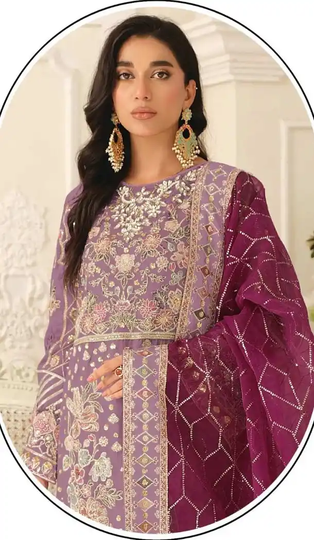 Lavender Sequence Work Chiffon Suit - 219591