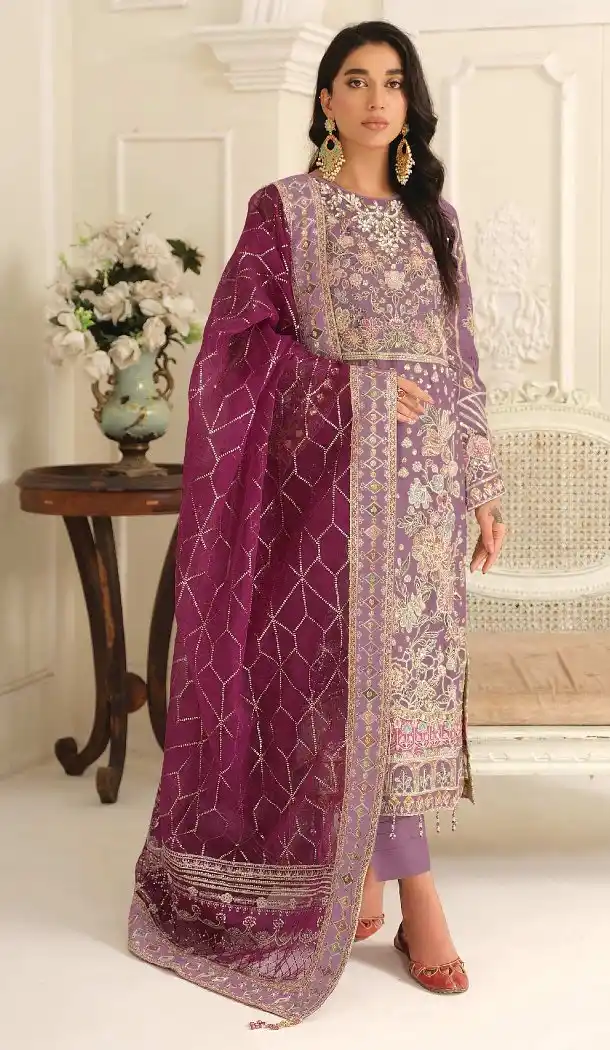 Lavender Sequence Work Chiffon Suit - 219591