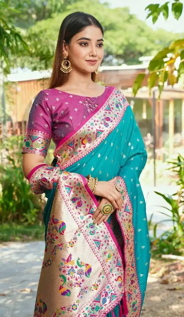 Rama Blue Soft Silk Meenakari Paithani Party Wear Saree - 219602