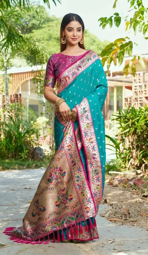 Rama Blue Soft Silk Meenakari Paithani Party Wear Saree - 219602