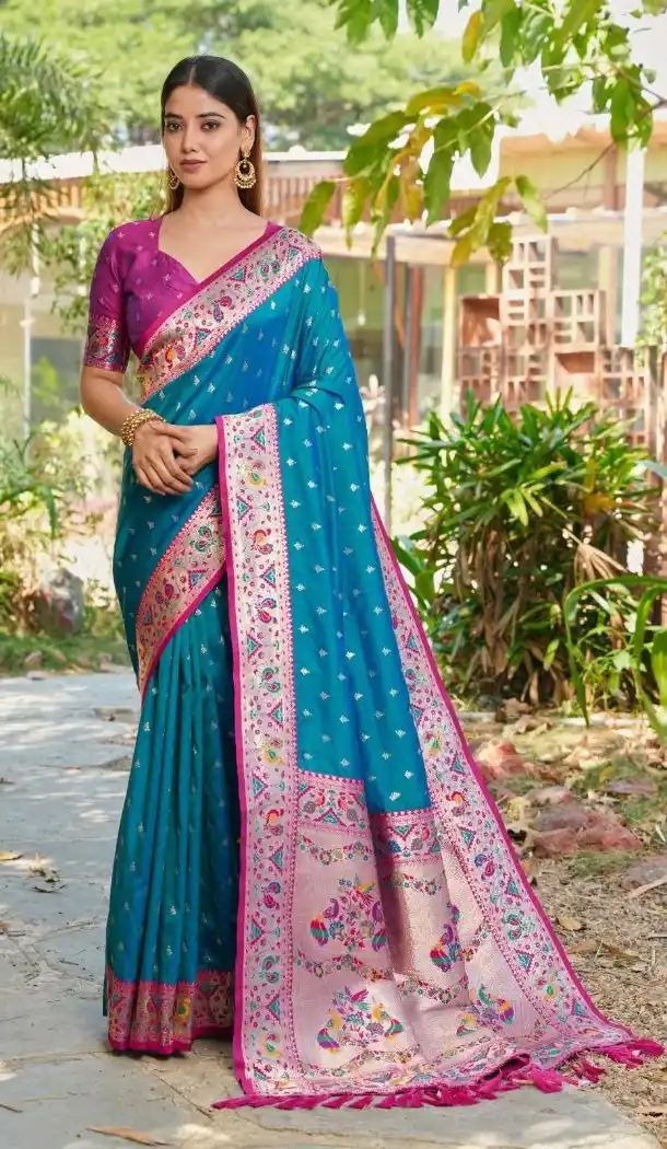 Teal Blue Soft Silk Paithani Pallu Party Wear Saree - 219604