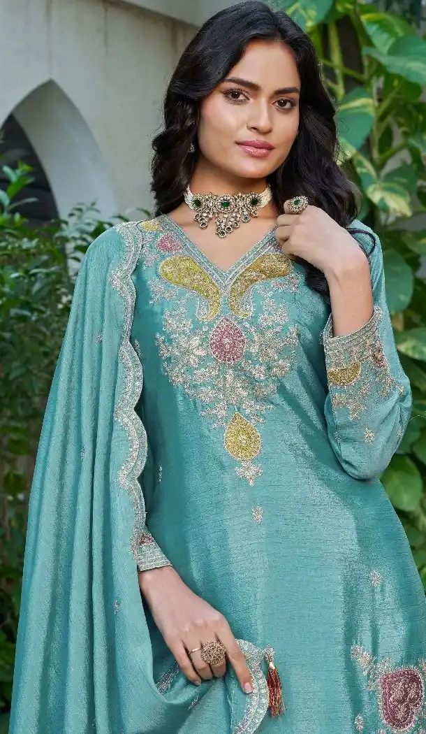Elegant Sky Blue Chinon Palazzo Suit with Zari Work - 219668