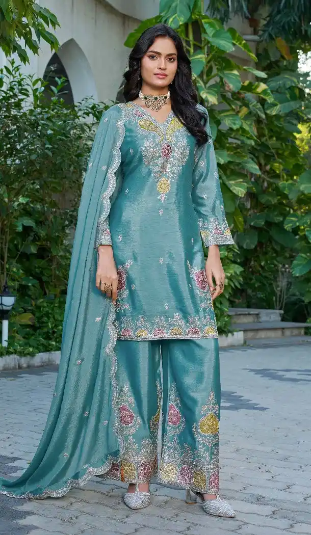 Elegant Sky Blue Chinon Palazzo Suit with Zari Work - 219668