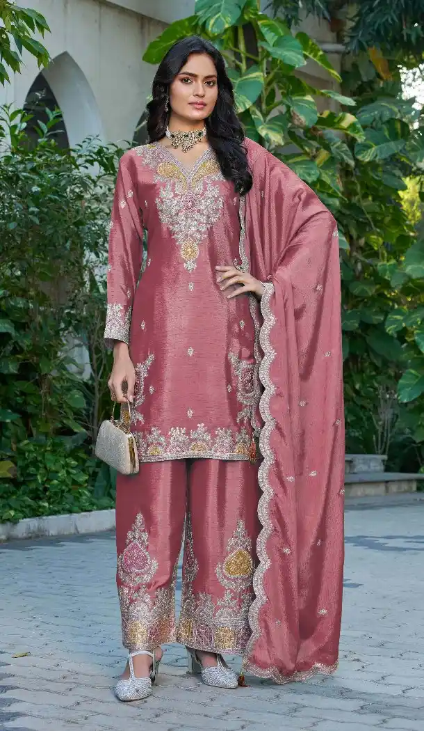 Peach Chinon Embroidery Work Palazzo Suit - 219669