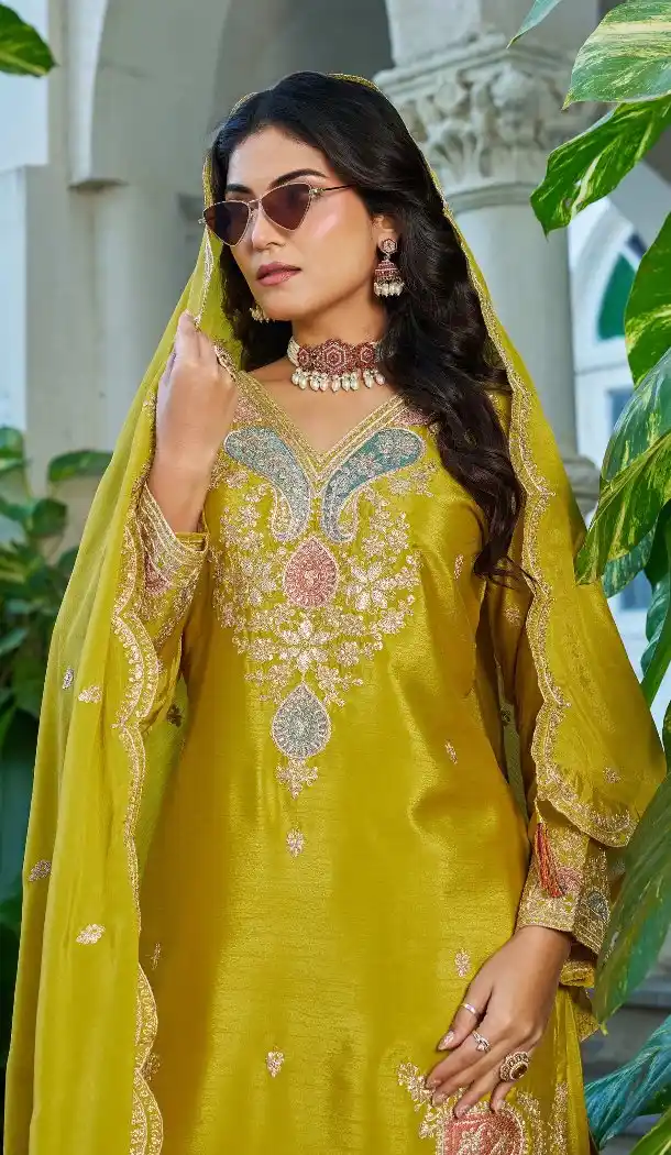 Yellow Chinon Designer Palazzo Suit with Sequence Work - 219670