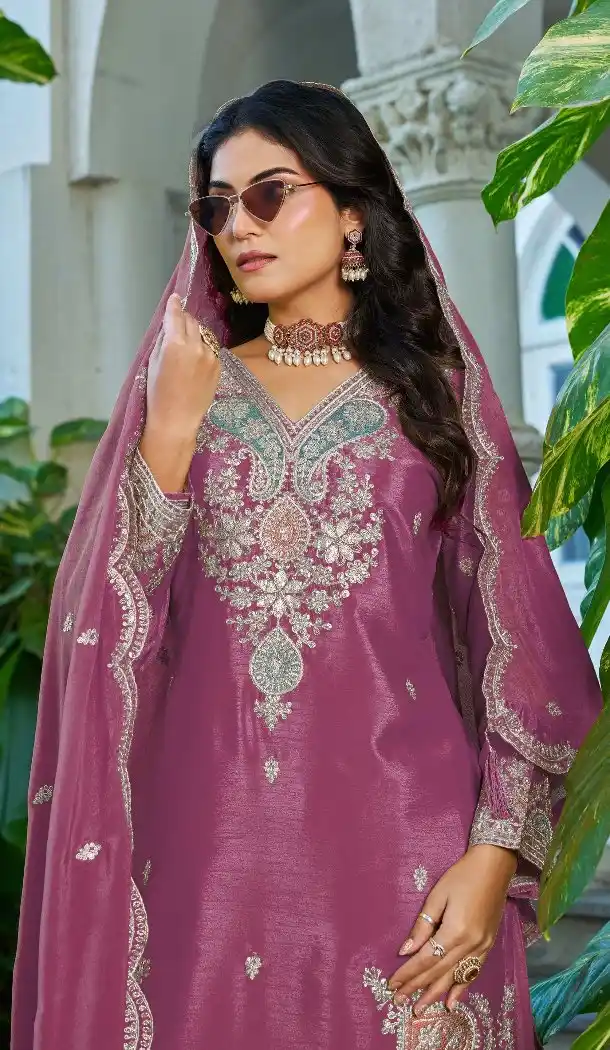 Pink Chinon Party Wear Palazzo Suit with Zari Work - 219671