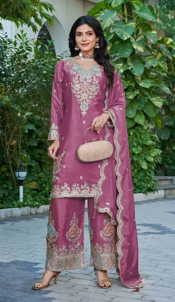 Pink Chinon Party Wear Palazzo Suit with Zari Work - 219671
