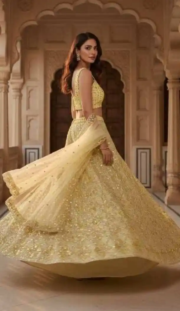 Yellow Butterfly Net Heavy Sequins Lehenga Choli - 219673