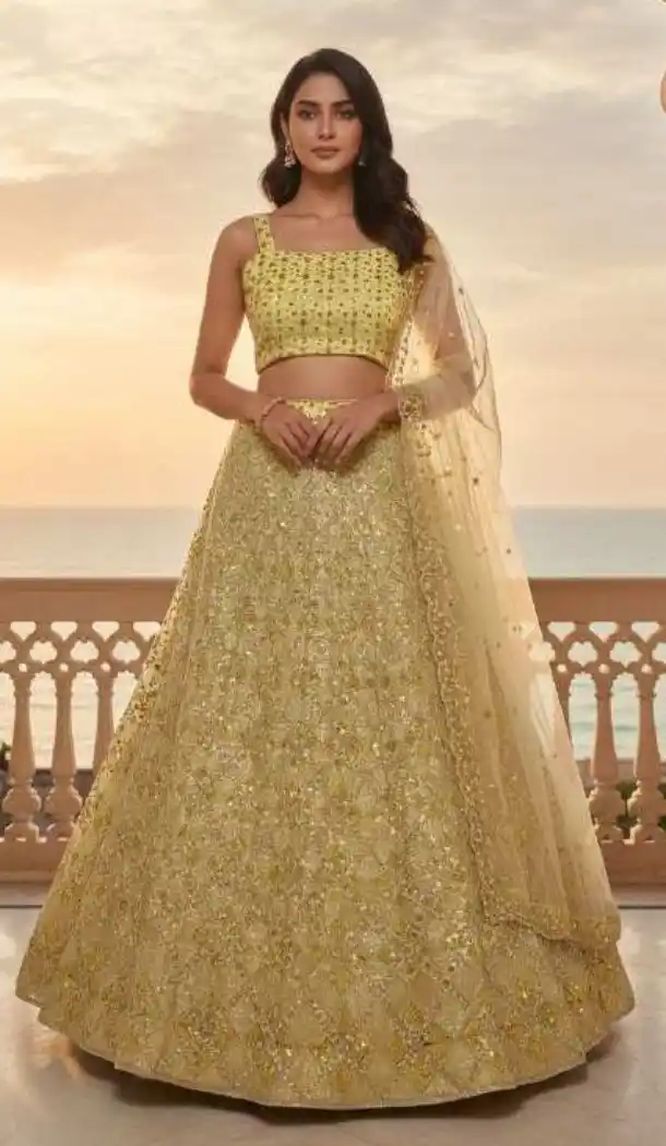 Yellow Butterfly Net Heavy Sequins Lehenga Choli - 219673