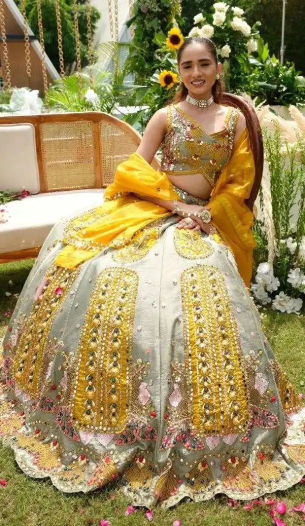 Grey Slub Silk Mirror Work Designer Lehenga - 219675