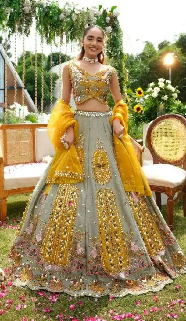 Grey Slub Silk Mirror Work Designer Lehenga - 219675