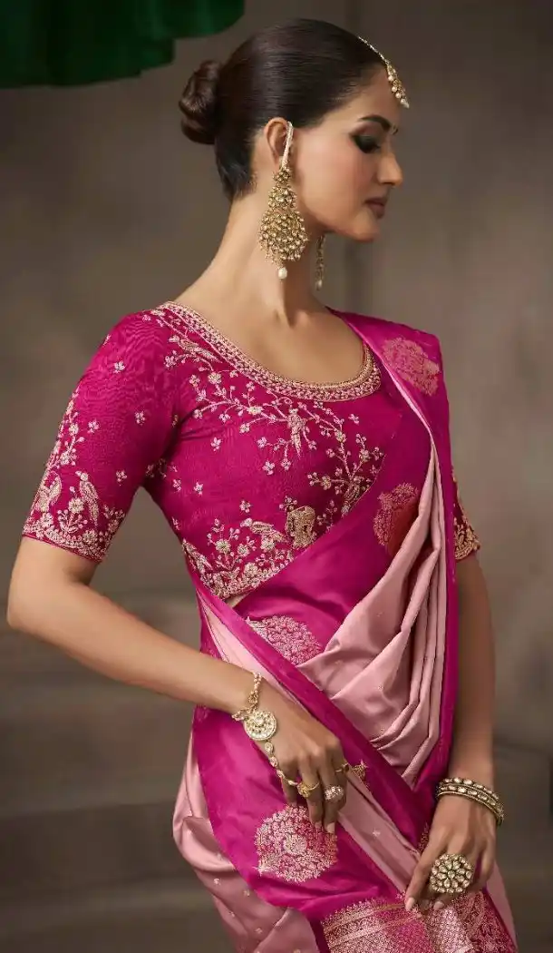Pink Pure Satin Silk Embroidery Work Designer Saree - 219697