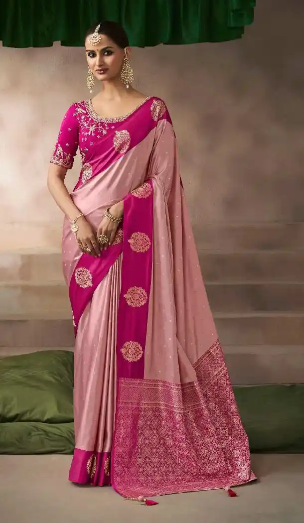 Pink Pure Satin Silk Embroidery Work Designer Saree - 219697