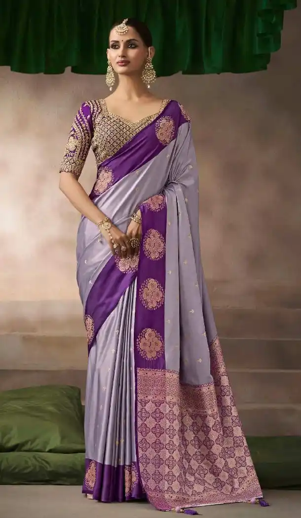 Lavender Pure Satin Silk Embroidery Work Saree - 219698