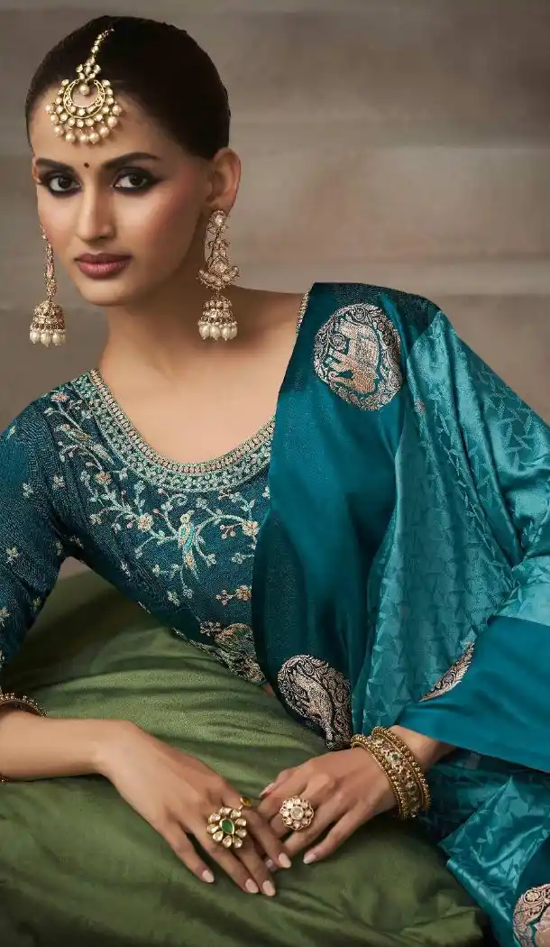 Blue Pure Satin Silk Embroidery Designer Saree - 219699