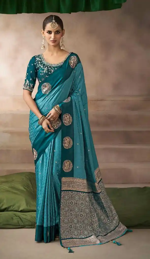 Blue Pure Satin Silk Embroidery Designer Saree - 219699
