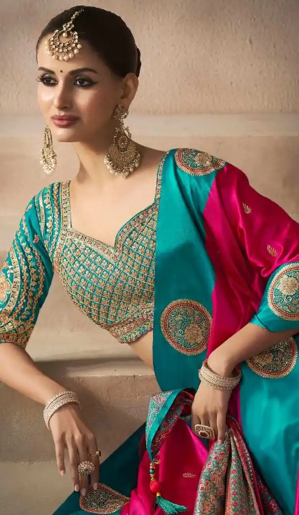 Rani Pink Pure Satin Silk Designer Embroidery Saree - 219701