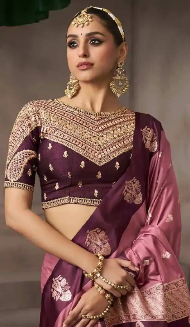 Mauve Pure Satin Silk Embroidery Work Designer Saree - 219702