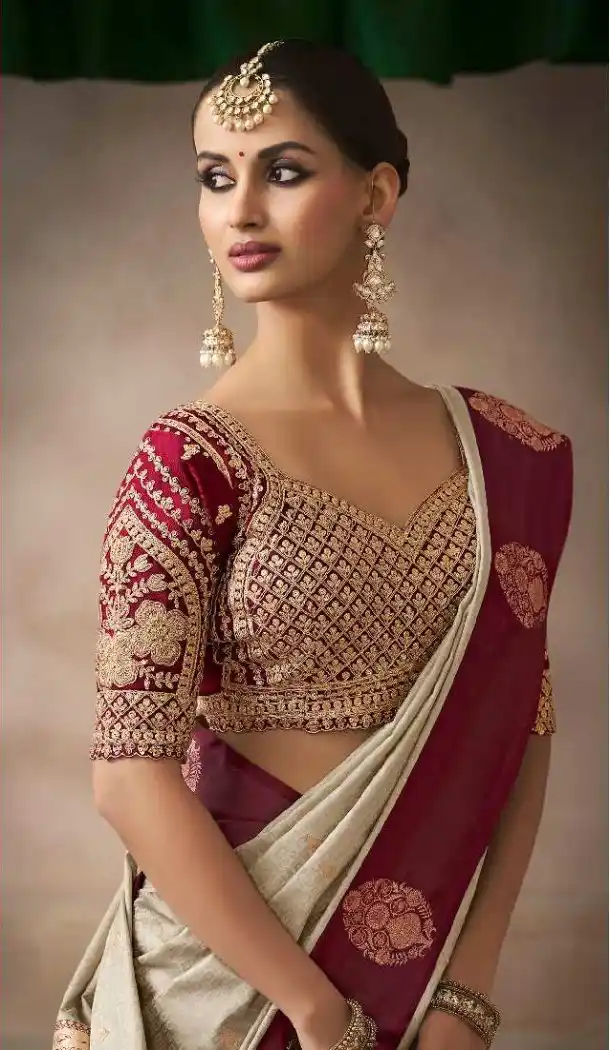 Beige Pure Satin Silk Embroidery Work Saree - 219703