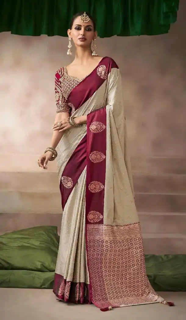 Beige Pure Satin Silk Embroidery Work Saree - 219703