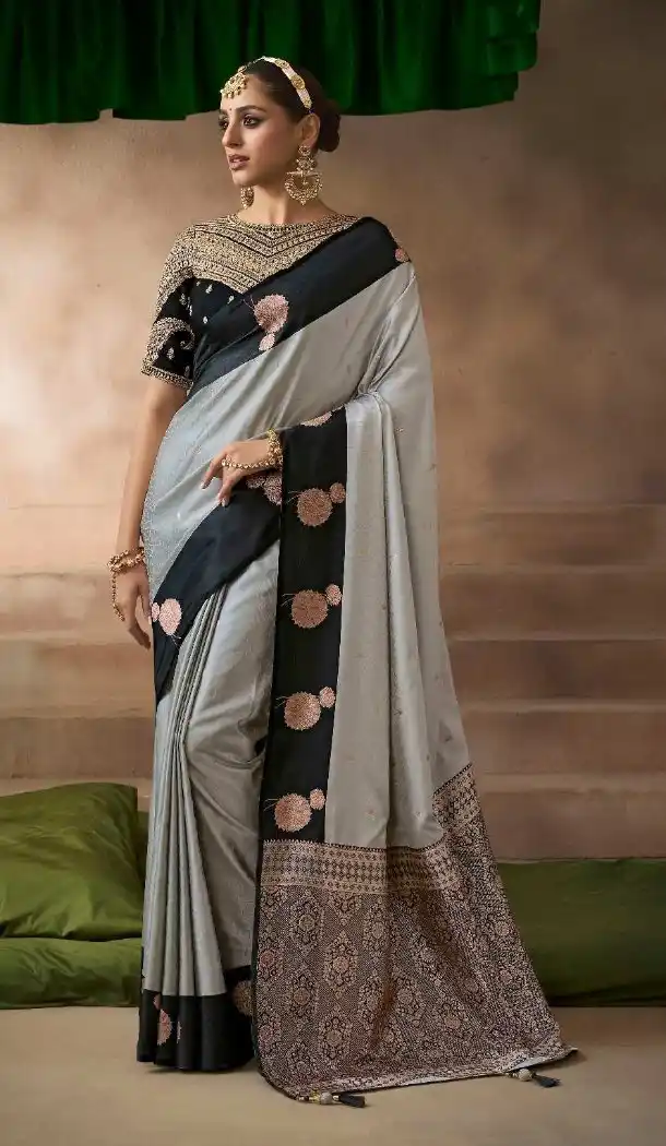 Grey Pure Satin Silk Designer Embroidery Saree - 219704