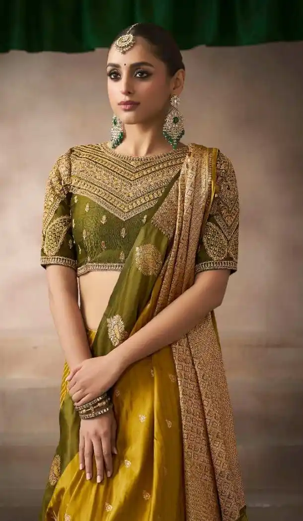 Olive Green Pure Satin Silk Embroidery Work Saree - 219705